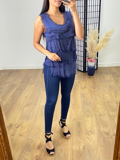 Nels Ruffle Silk Asymmetric Top