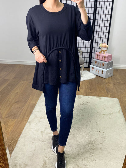 Yaxa Cheesecloth Panel Front Drawstring Sweatshirt