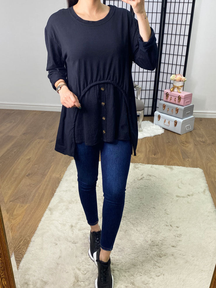 Yaxa Cheesecloth Panel Front Drawstring Sweatshirt