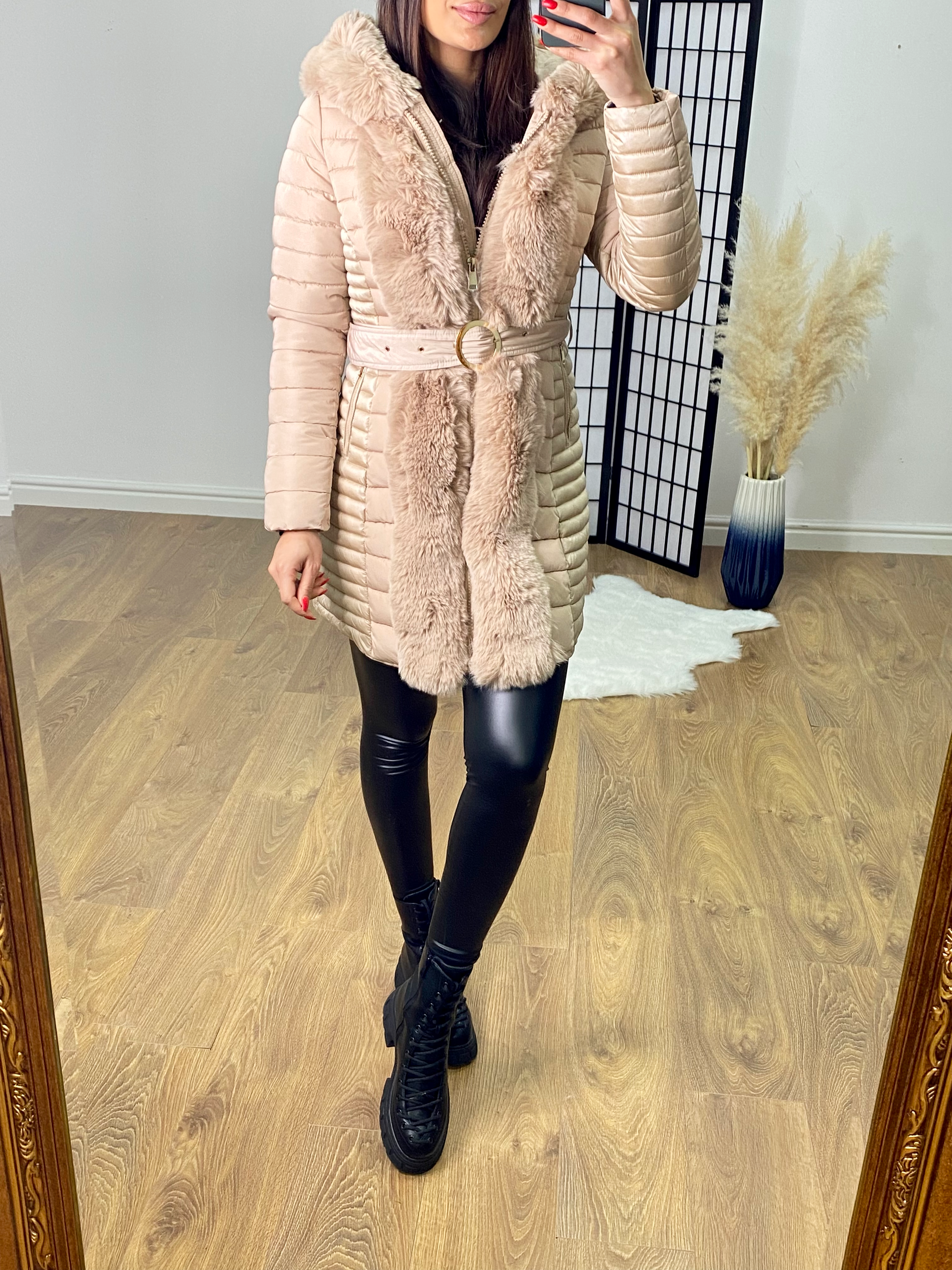 Elvire Beige Faux Fur Hooded Wet Look Padded Coat