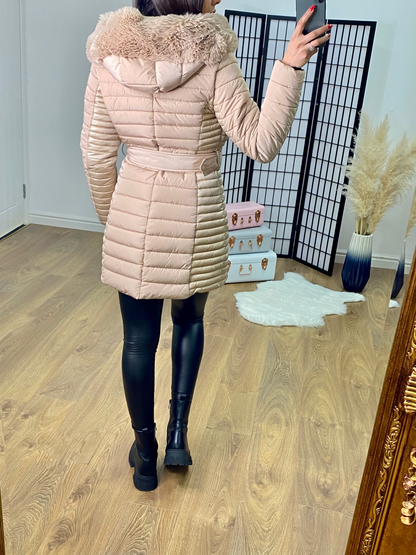 Elvire Beige Faux Fur Hooded Wet Look Padded Coat
