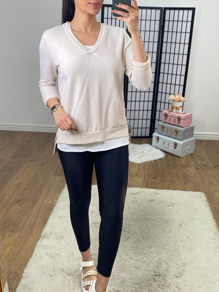 Entana Plain Double Layer V Neck Sweatshirt