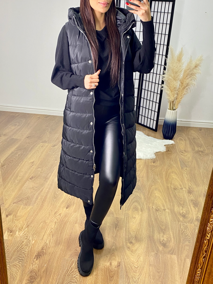 Ellison Black Hooded Longline Puffer Gilet