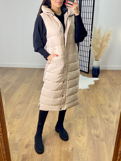 Ellison Beige Hooded Longline Puffer Gilet