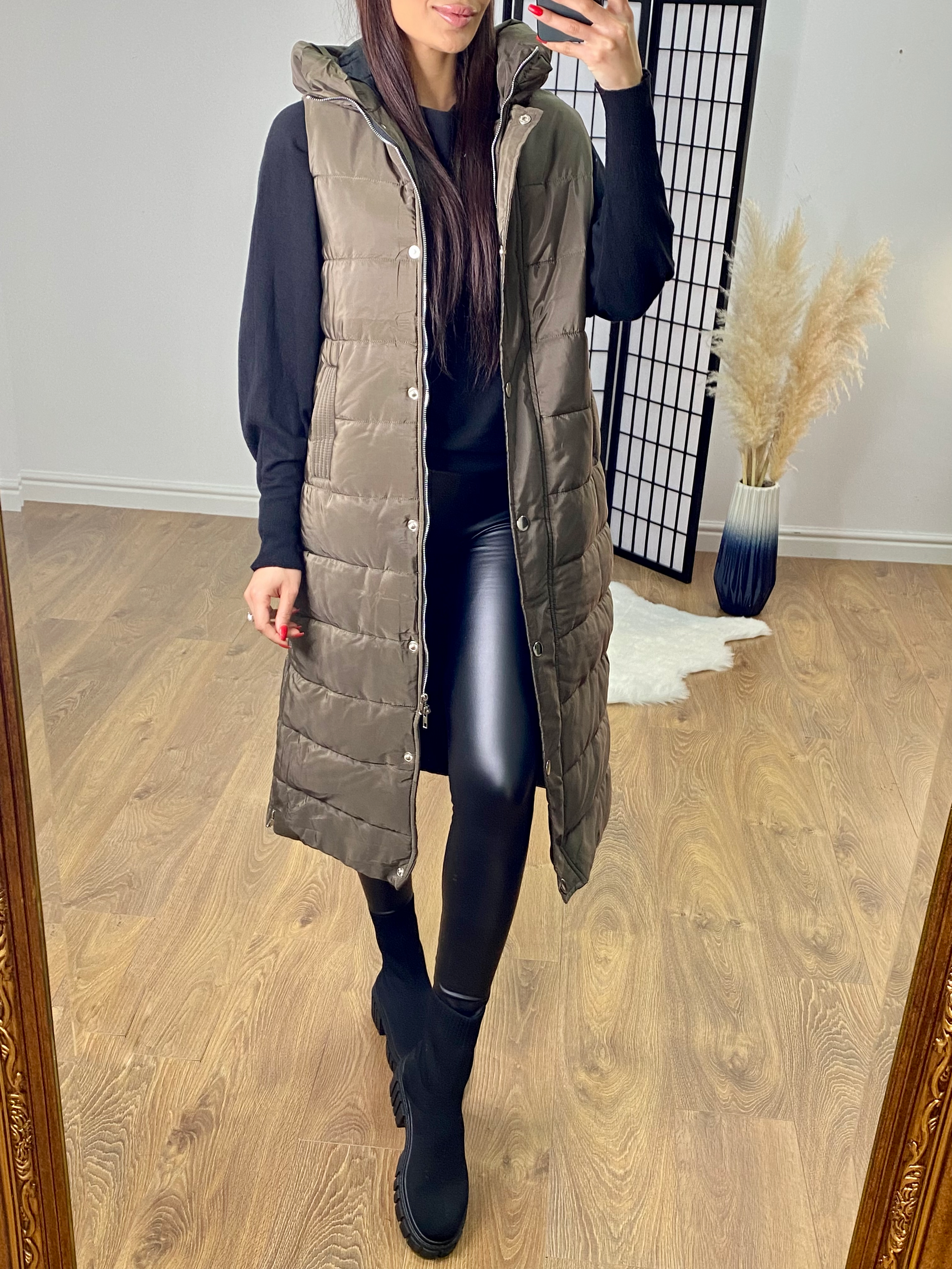 Ellison Khaki Hooded Longline Puffer Gilet
