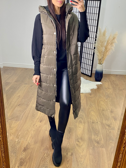Ellison Khaki Hooded Longline Puffer Gilet