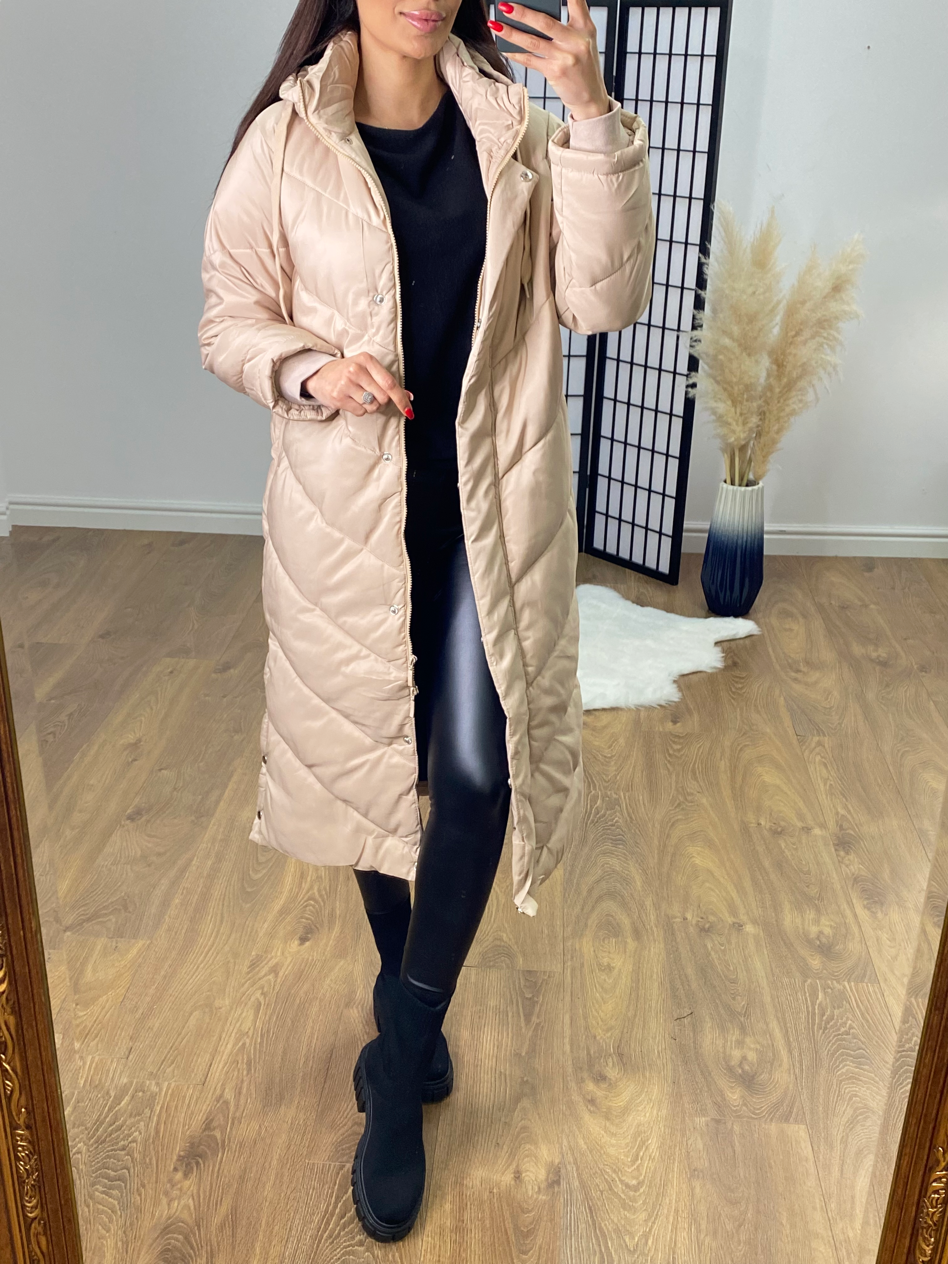 Naples Beige Chevron Stitch Popper Side Puffer Coat