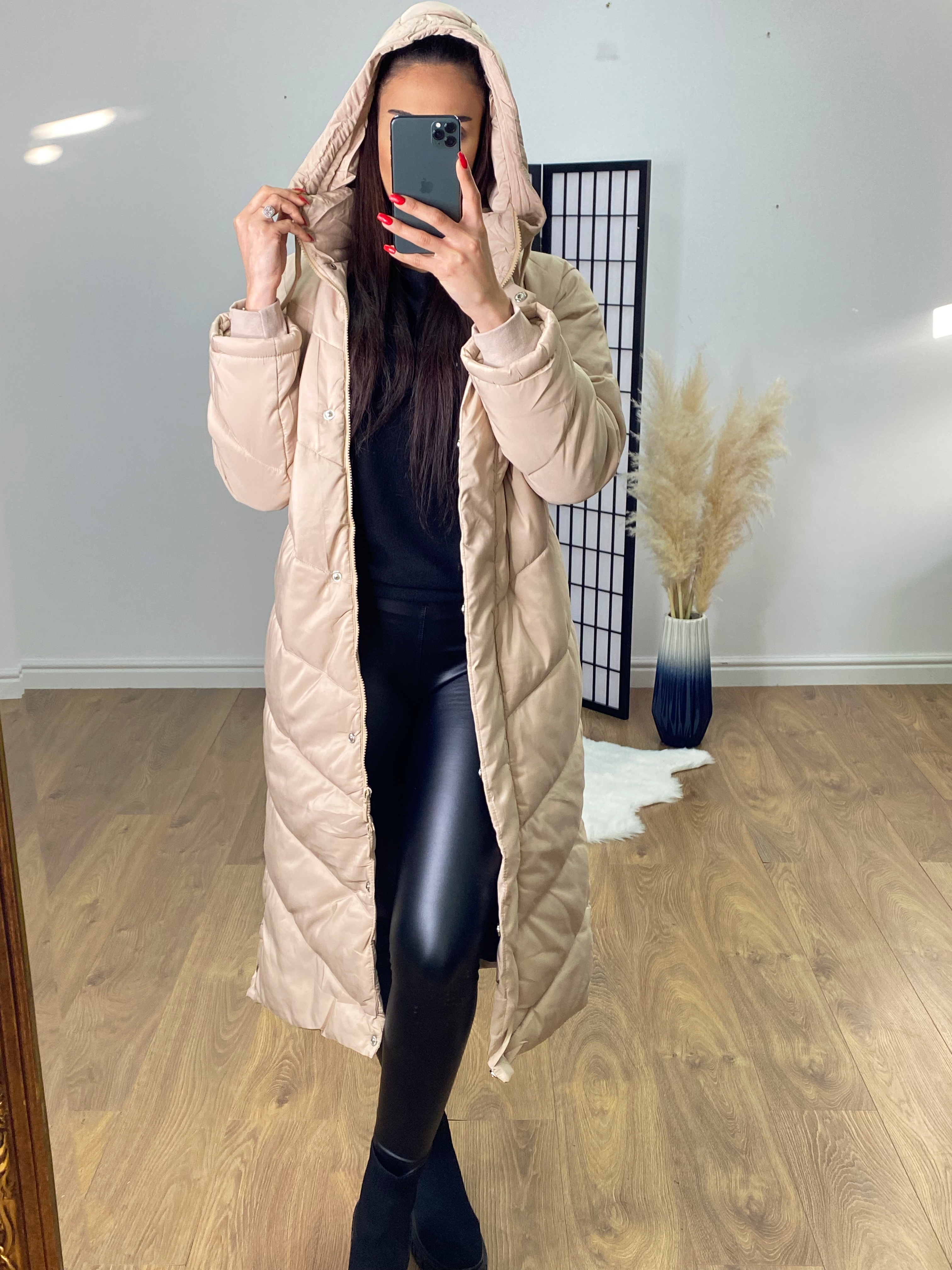 Naples Beige Chevron Stitch Popper Side Puffer Coat