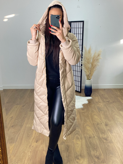 Naples Beige Chevron Stitch Popper Side Puffer Coat