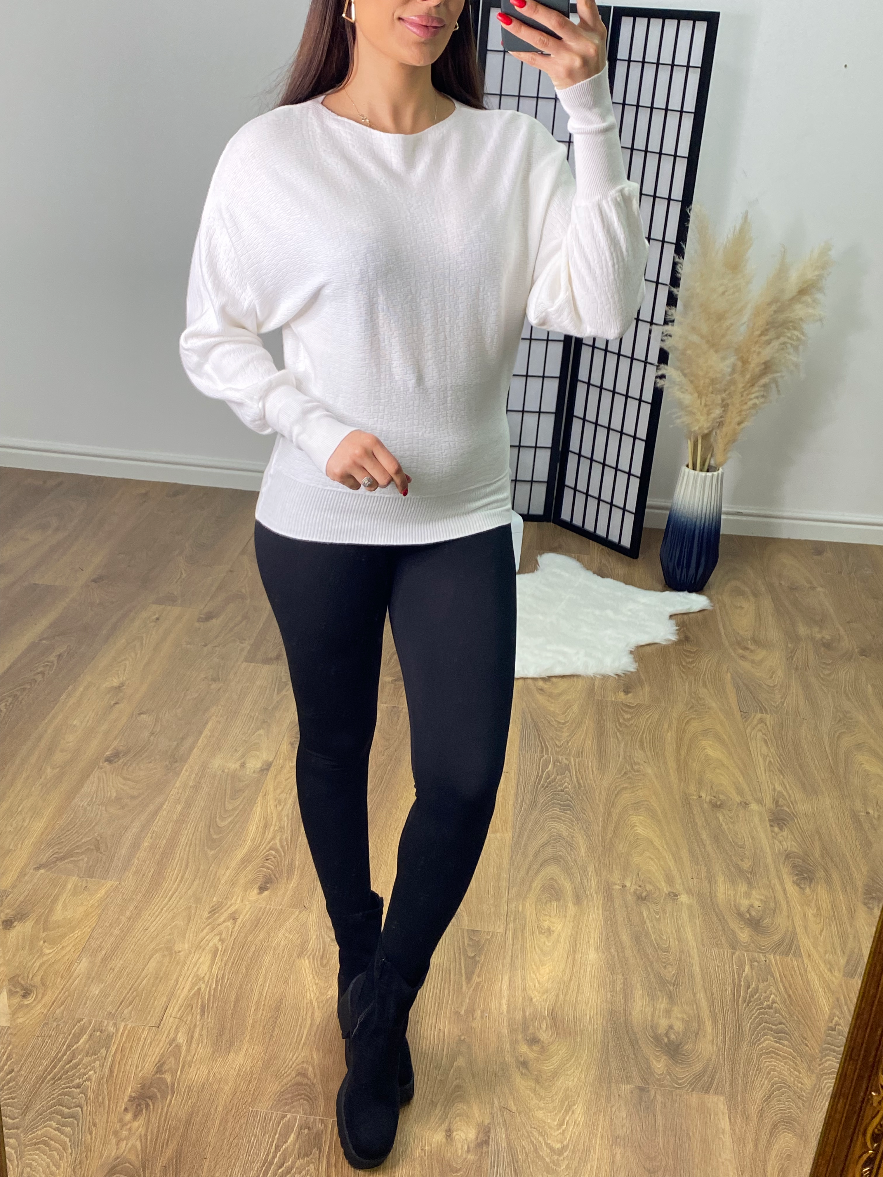 Braelyn White Slash Neck Drop Sleeve Soft Knit Jumper