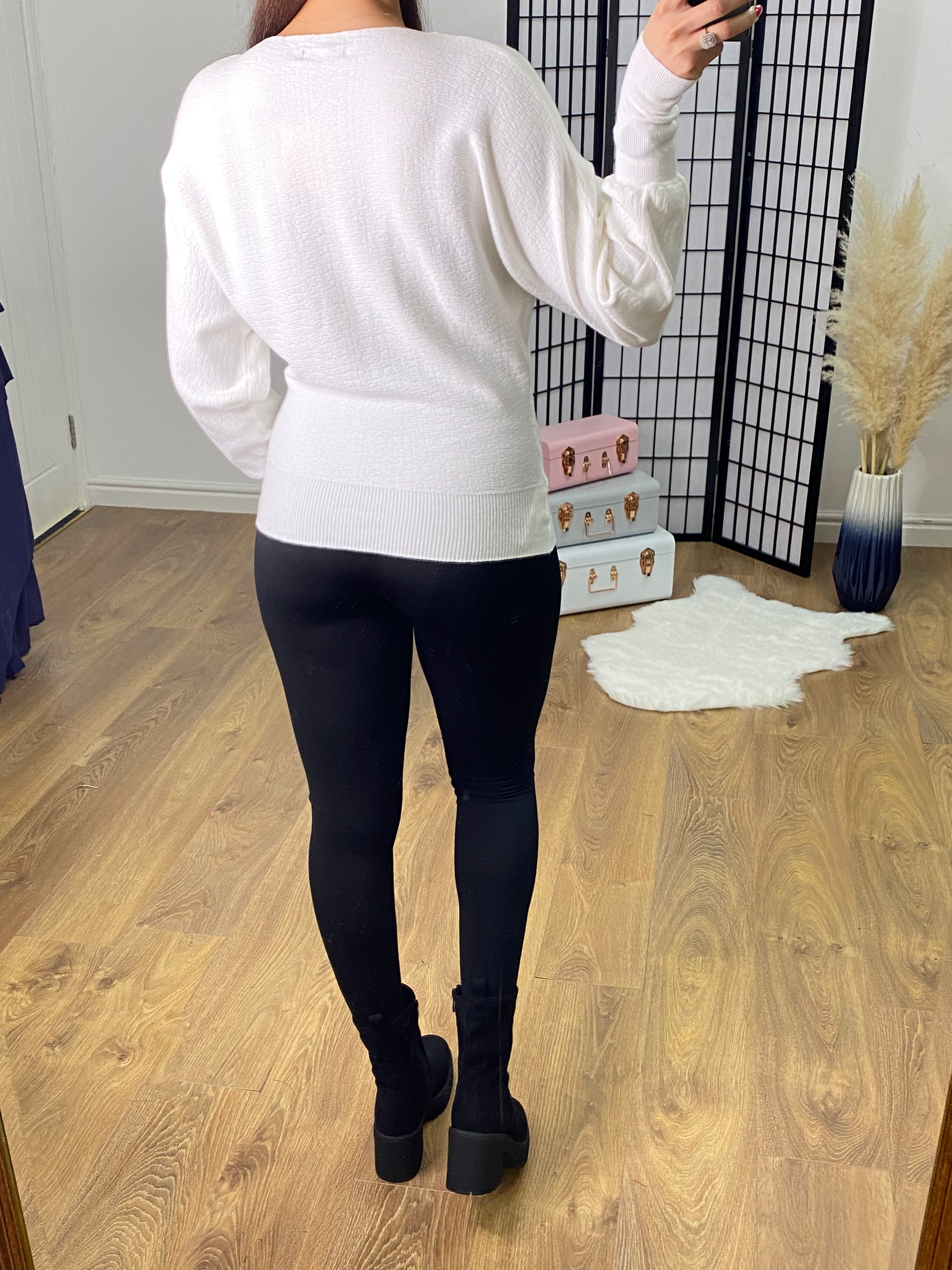 Braelyn White Slash Neck Drop Sleeve Soft Knit Jumper