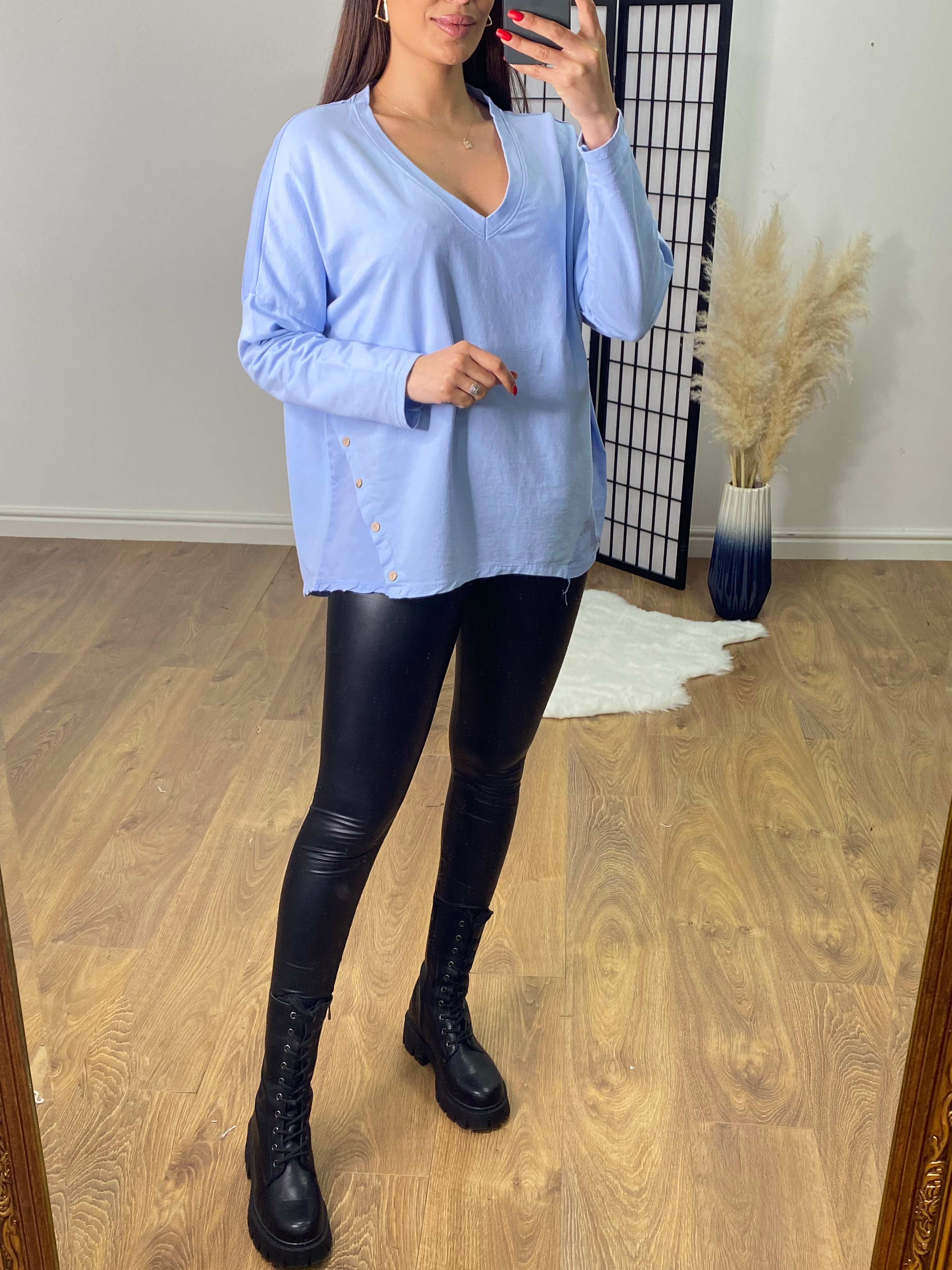 Spring V Neck Button Detail Low Back Top