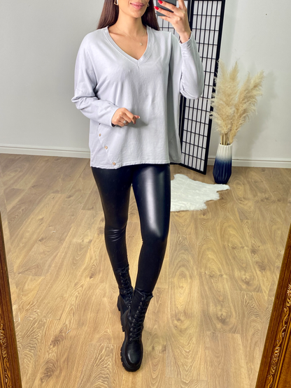 Spring V Neck Button Detail Low Back Top