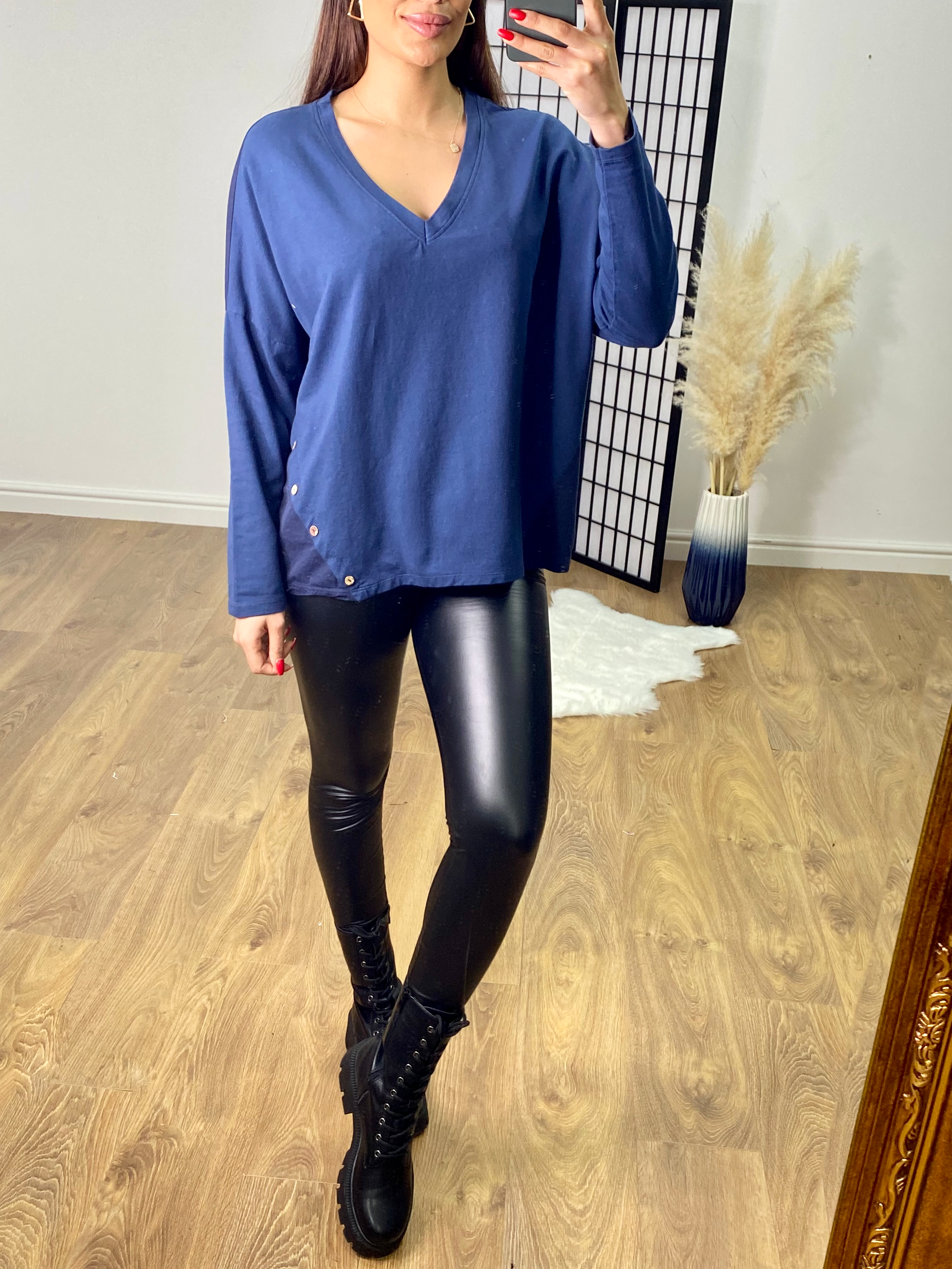 Spring V Neck Button Detail Low Back Top