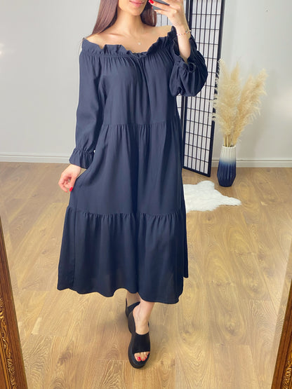 Jenson Elasticated Bardot Tiered Hem Maxi Dress