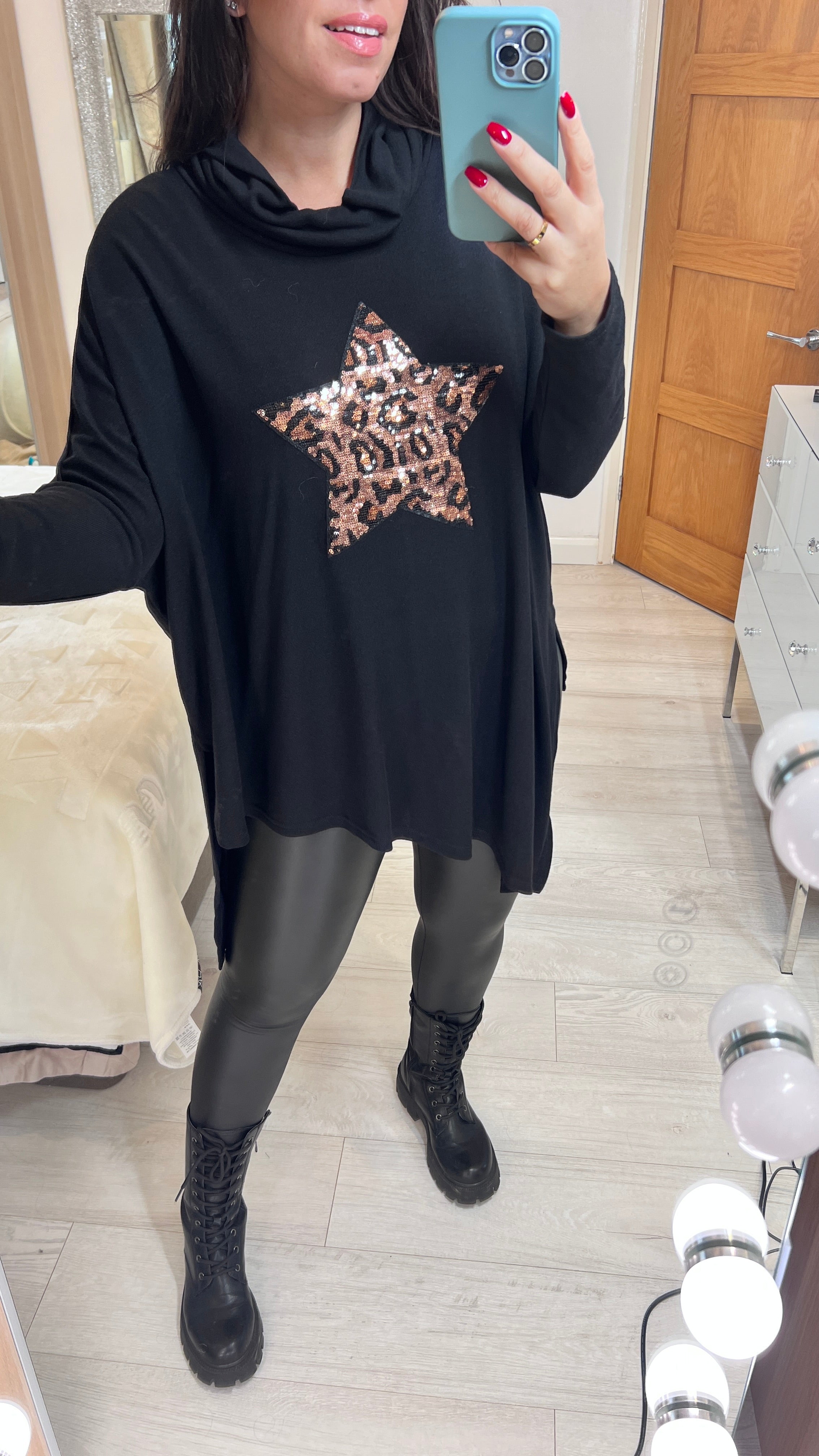 Norway Sequin Leopard Print Cowl Neck Fine Knit Jumper