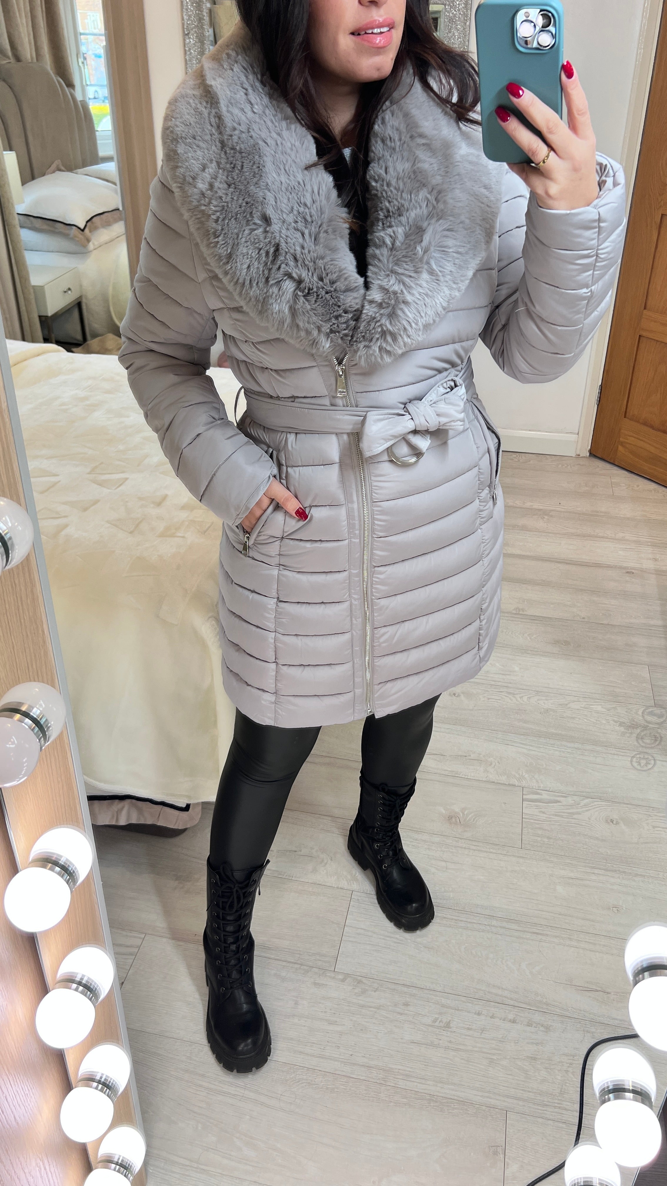 Dez Light Grey Faux Fur Collar Belt Coat