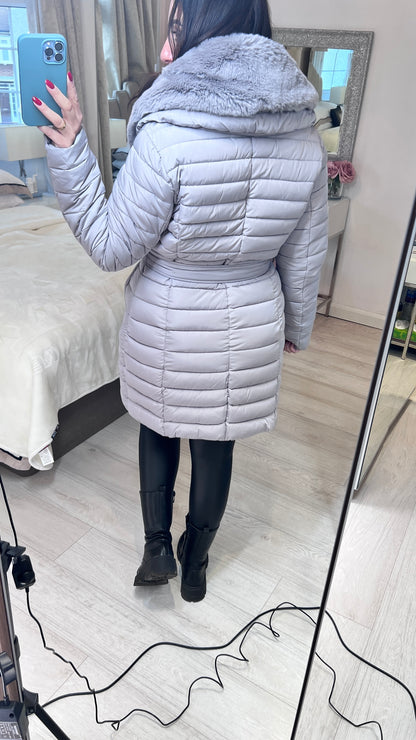 Dez Light Grey Faux Fur Collar Belt Coat