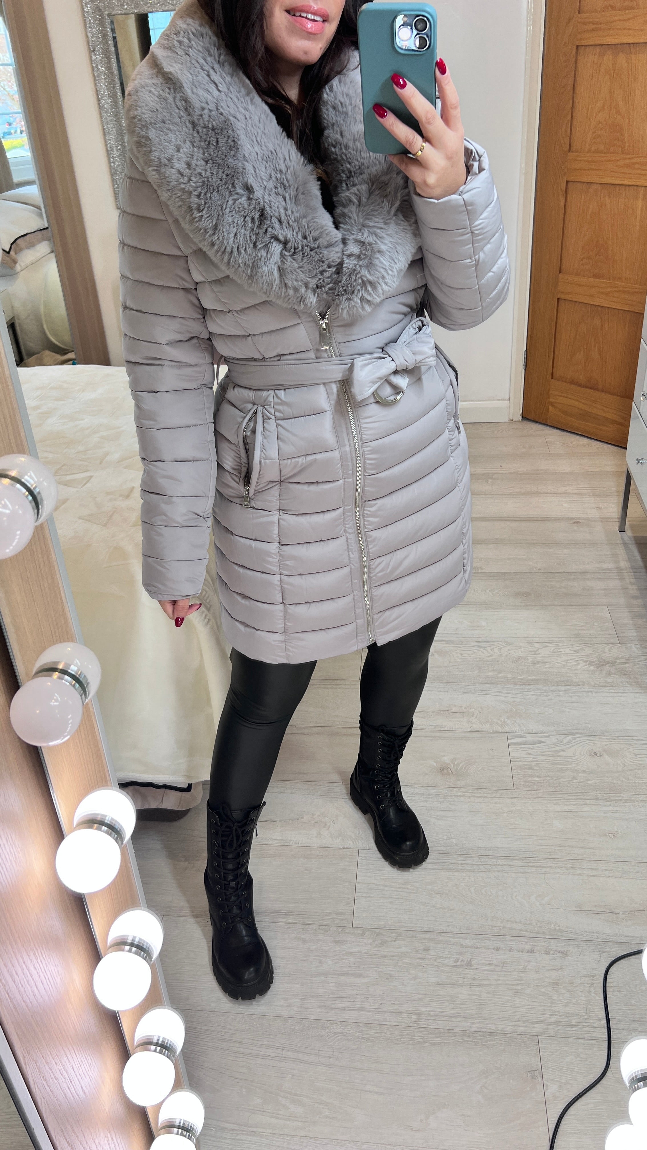 Dez Light Grey Faux Fur Collar Belt Coat