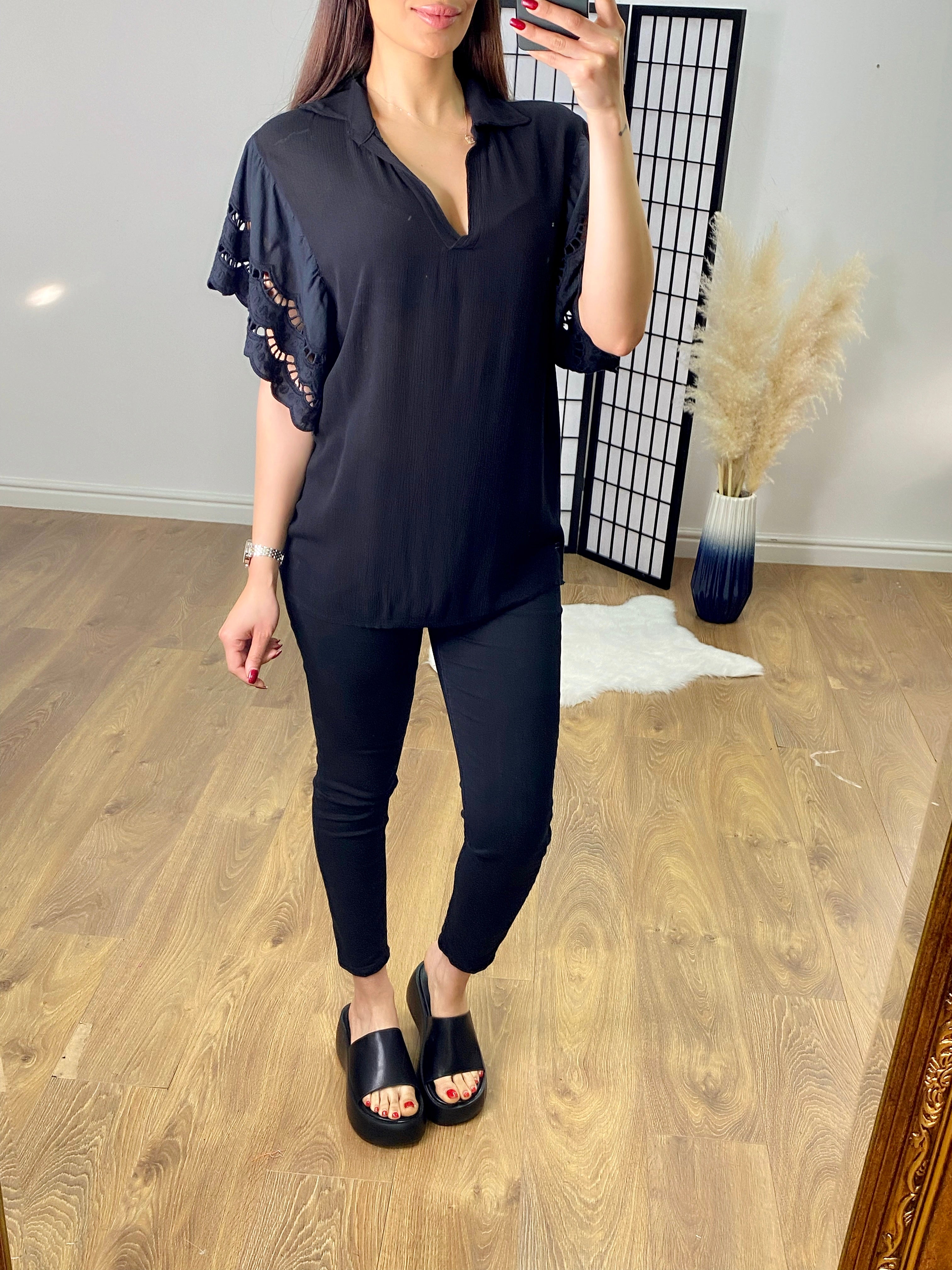 Windsor V Neck Collar Crochet Sleeve Top