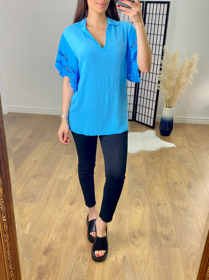 Windsor V Neck Collar Crochet Sleeve Top