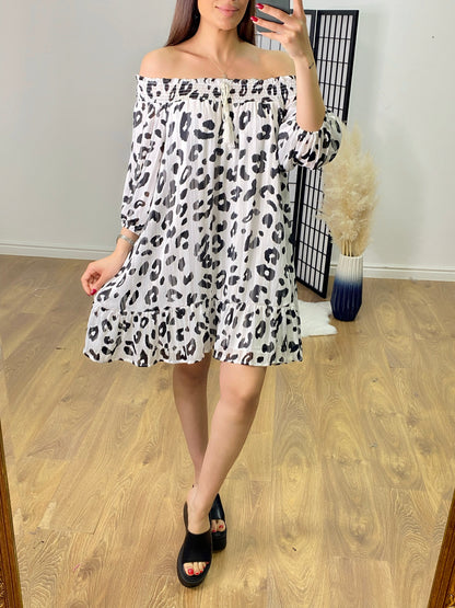 Sharlot Lurex Leopard Print Bardot Dress