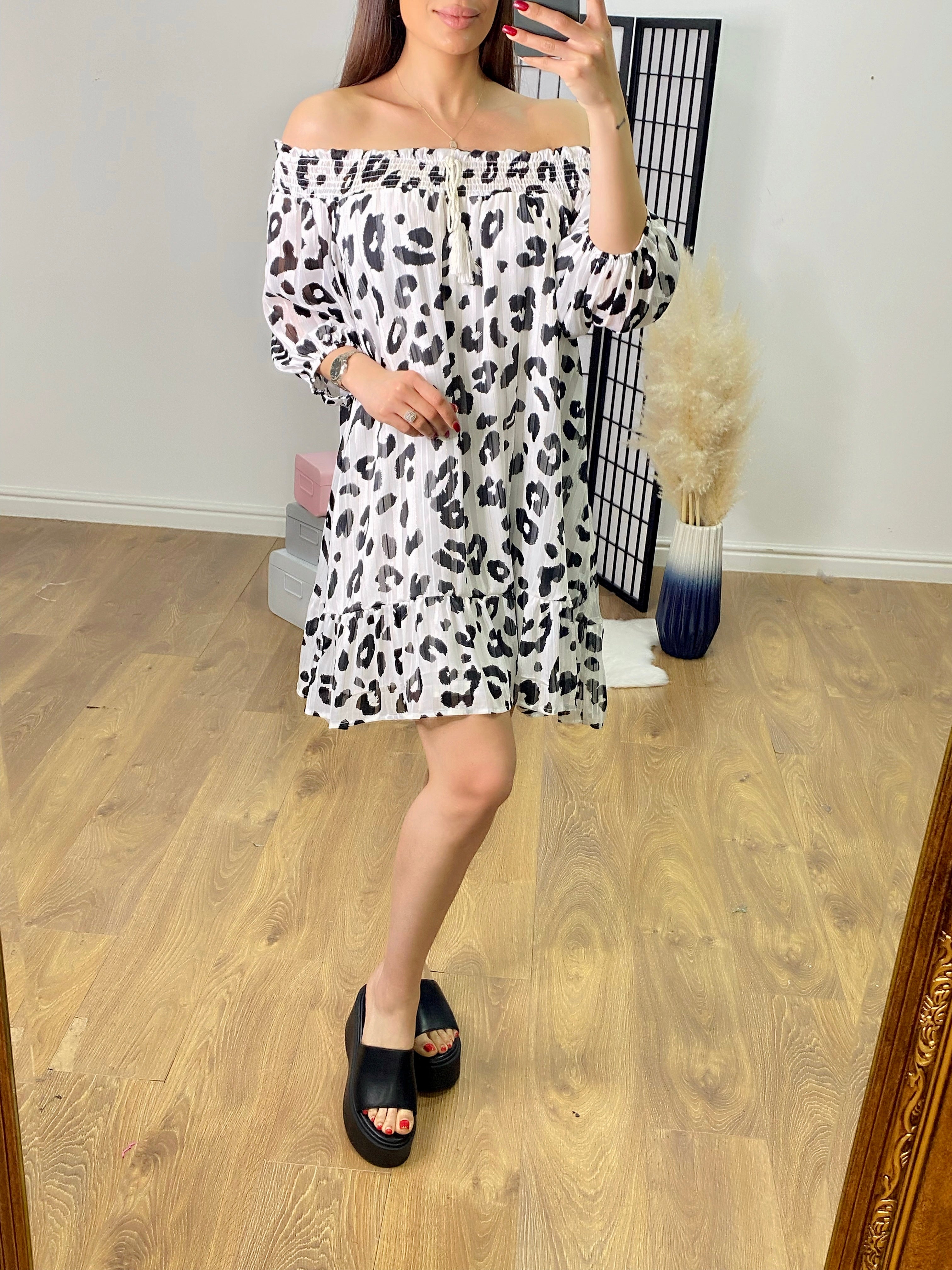 Sharlot Lurex Leopard Print Bardot Dress