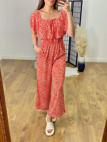 Hendrix Pebble Print Frill Bardot Jumpsuit