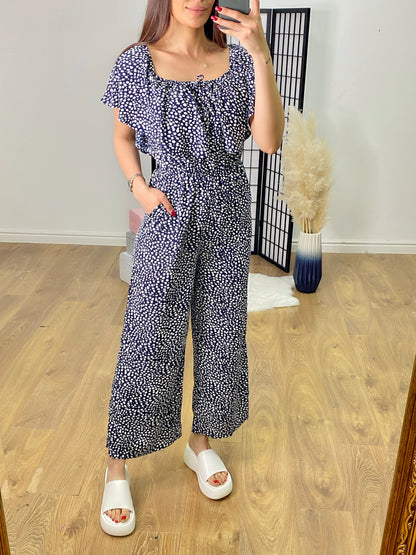 Hendrix Pebble Print Frill Bardot Jumpsuit