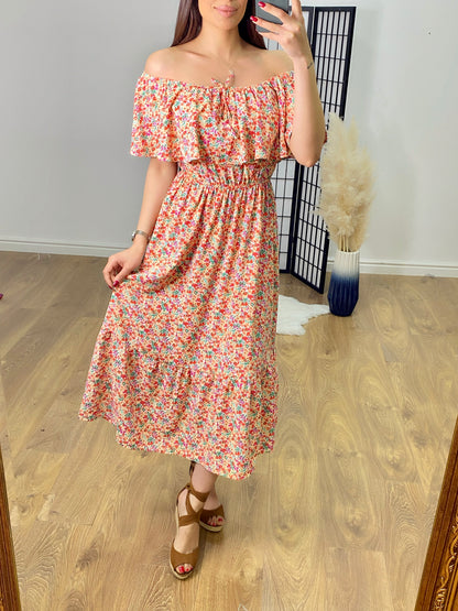 Neeko Floral Print Bardot Frill Dress