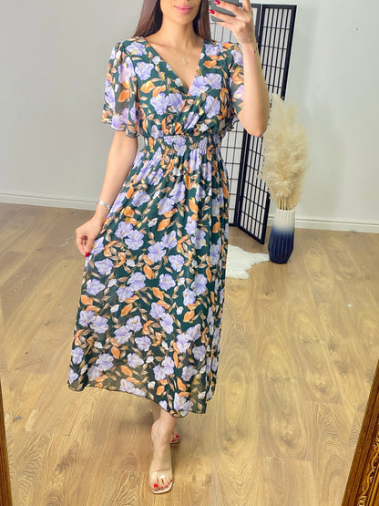 Lilyanna Angel Sleeve Floral & Feather Print Maxi Dress