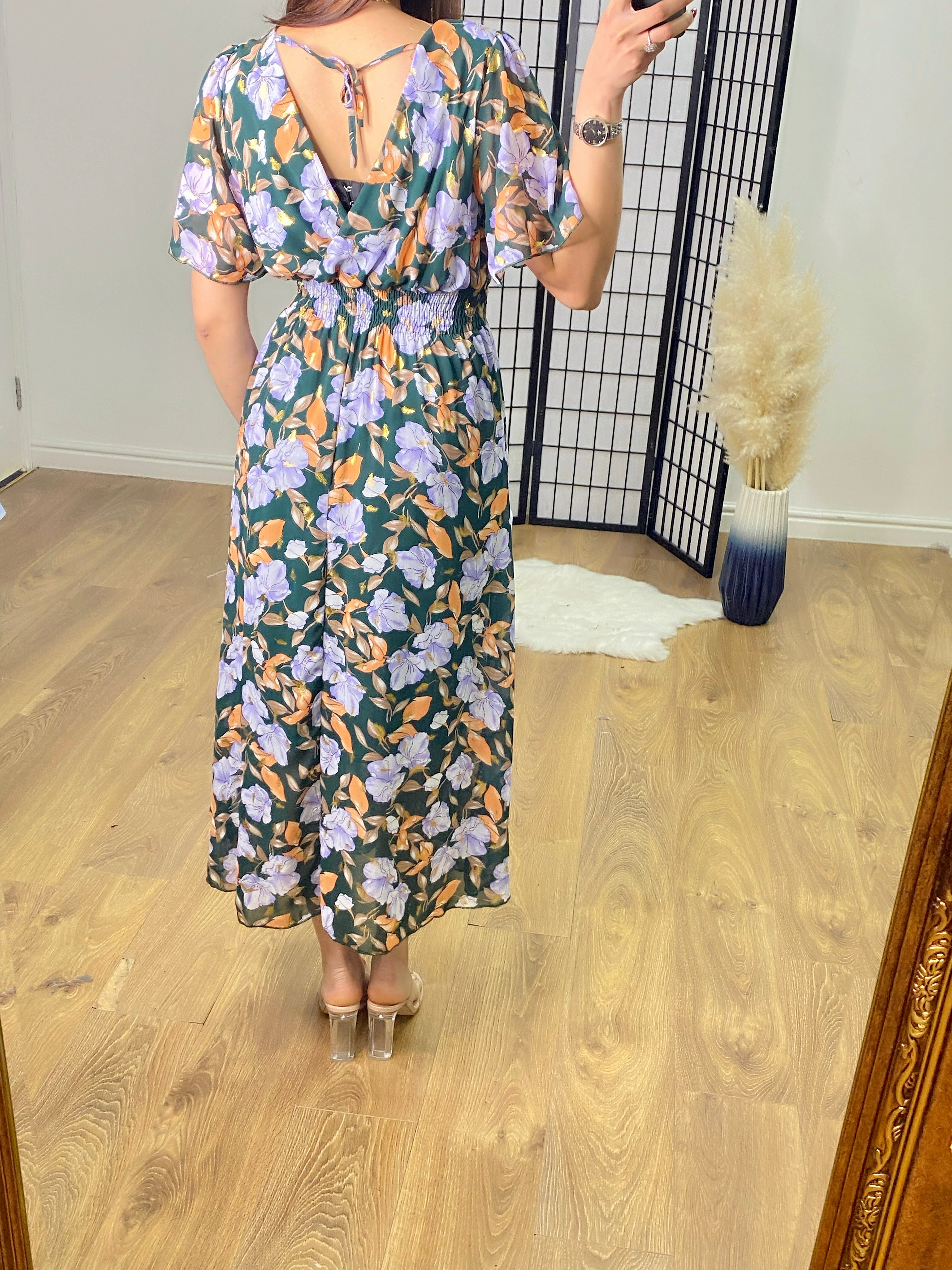 Lilyanna Angel Sleeve Floral & Feather Print Maxi Dress