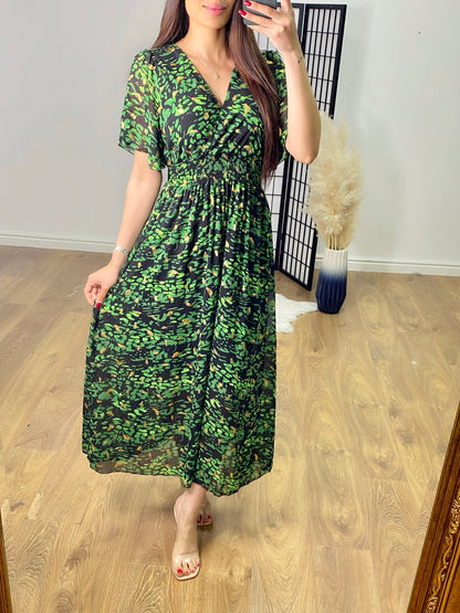 Priyanka Angel Sleeve Feather Print Maxi Dress