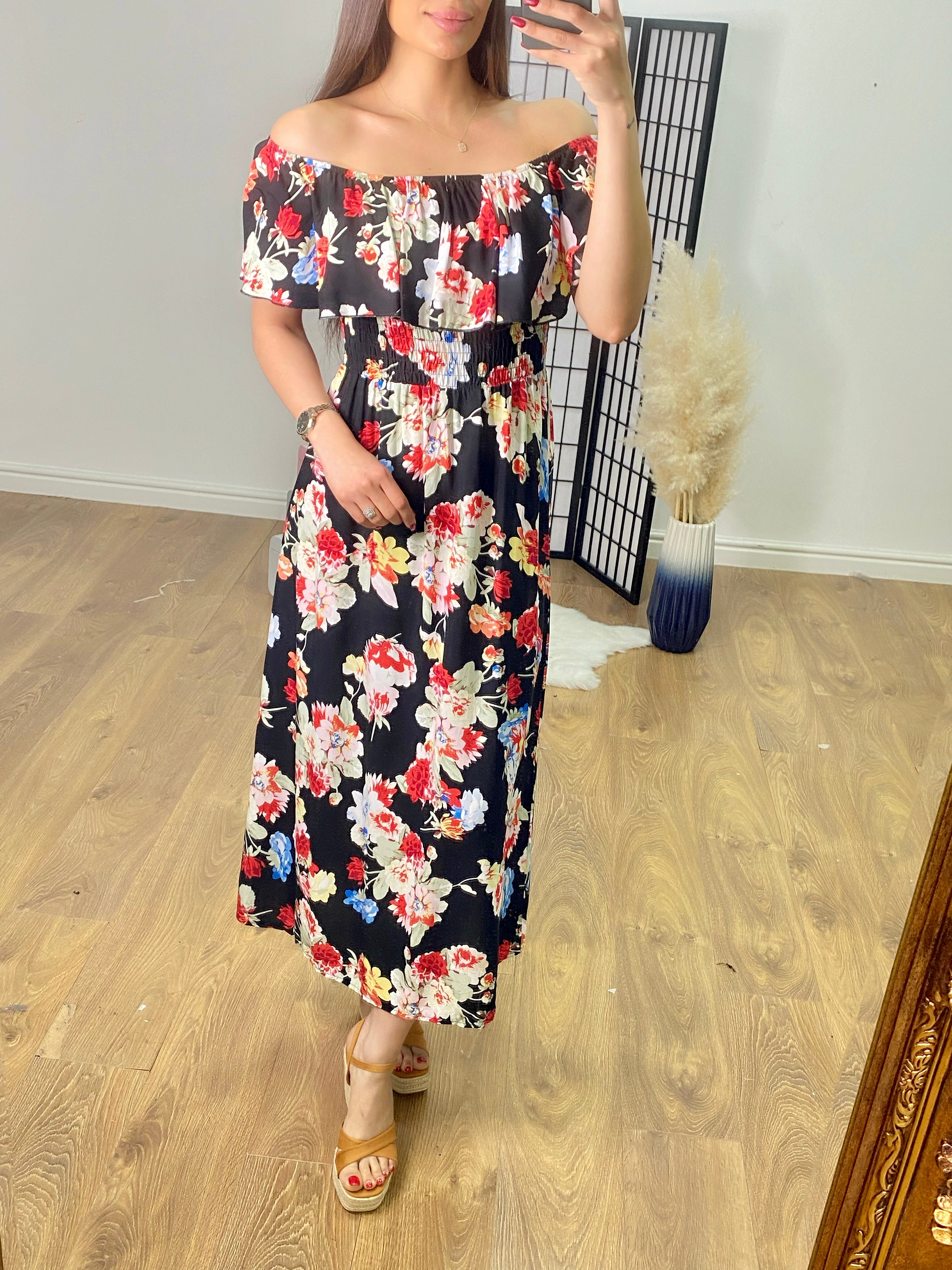Belissini Floral Print Bardot Frill Maxi Dress