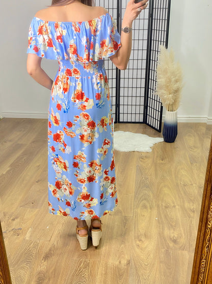 Belissini Floral Print Bardot Frill Maxi Dress