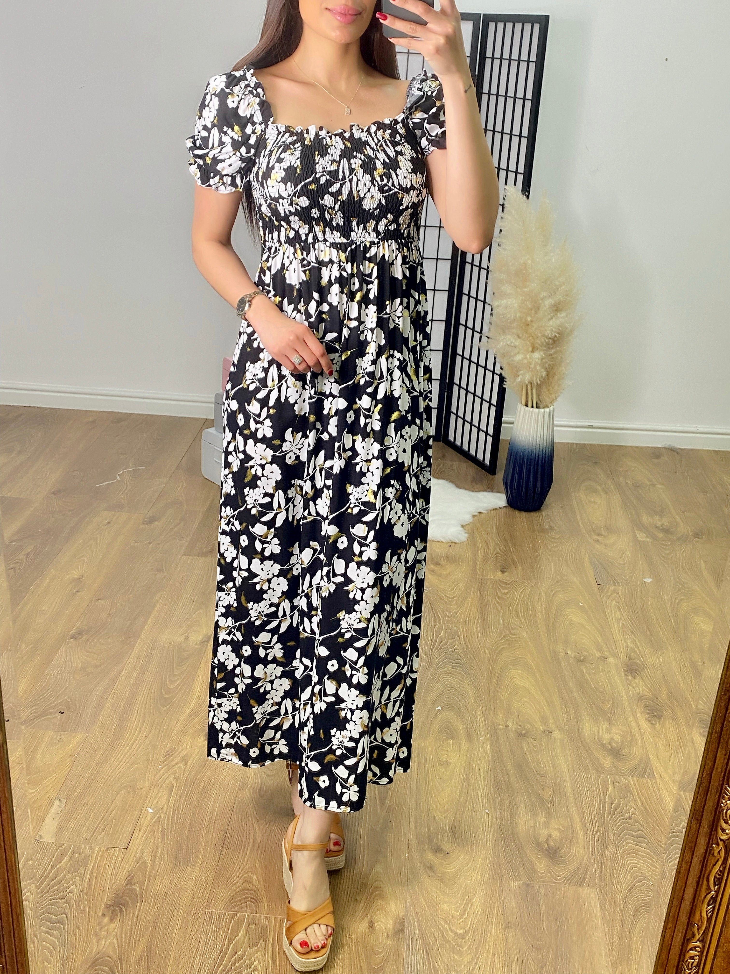 Alicante Elasticated Bust Floral & Feather Print Dress