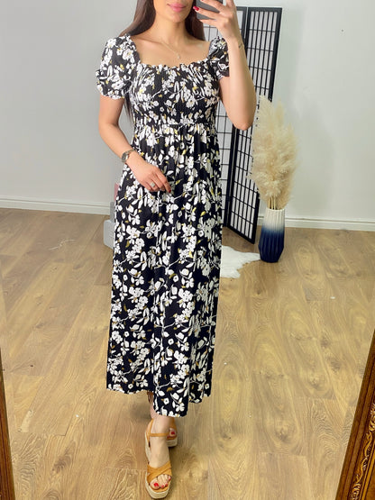 Alicante Elasticated Bust Floral & Feather Print Dress