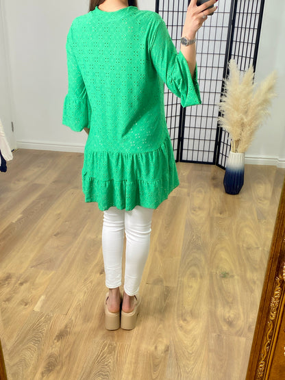 Ladie Broderie Stretch Frill Hem Notched Tunic