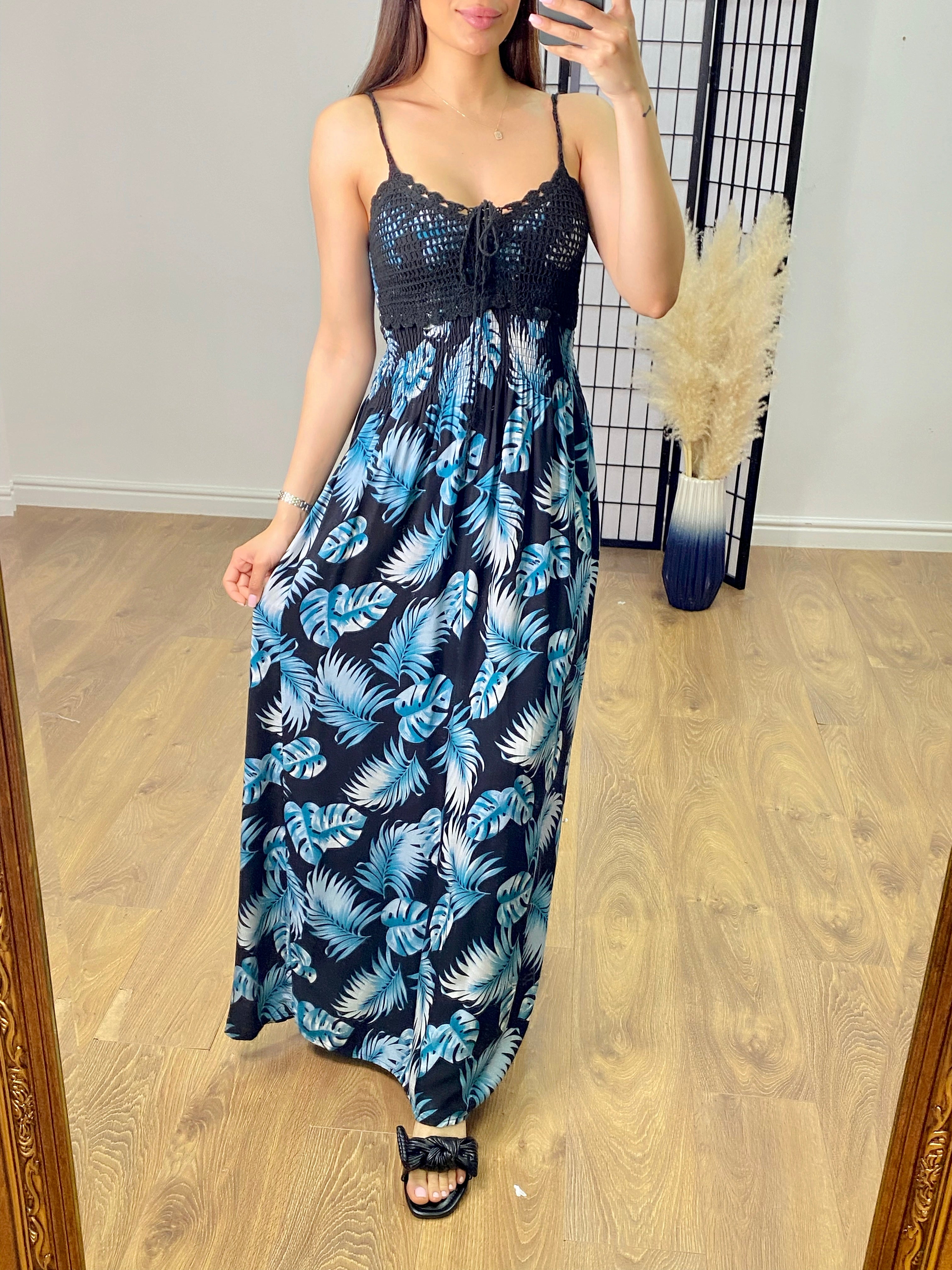 Marbella Crochet Bust Fern Print Maxi Dress