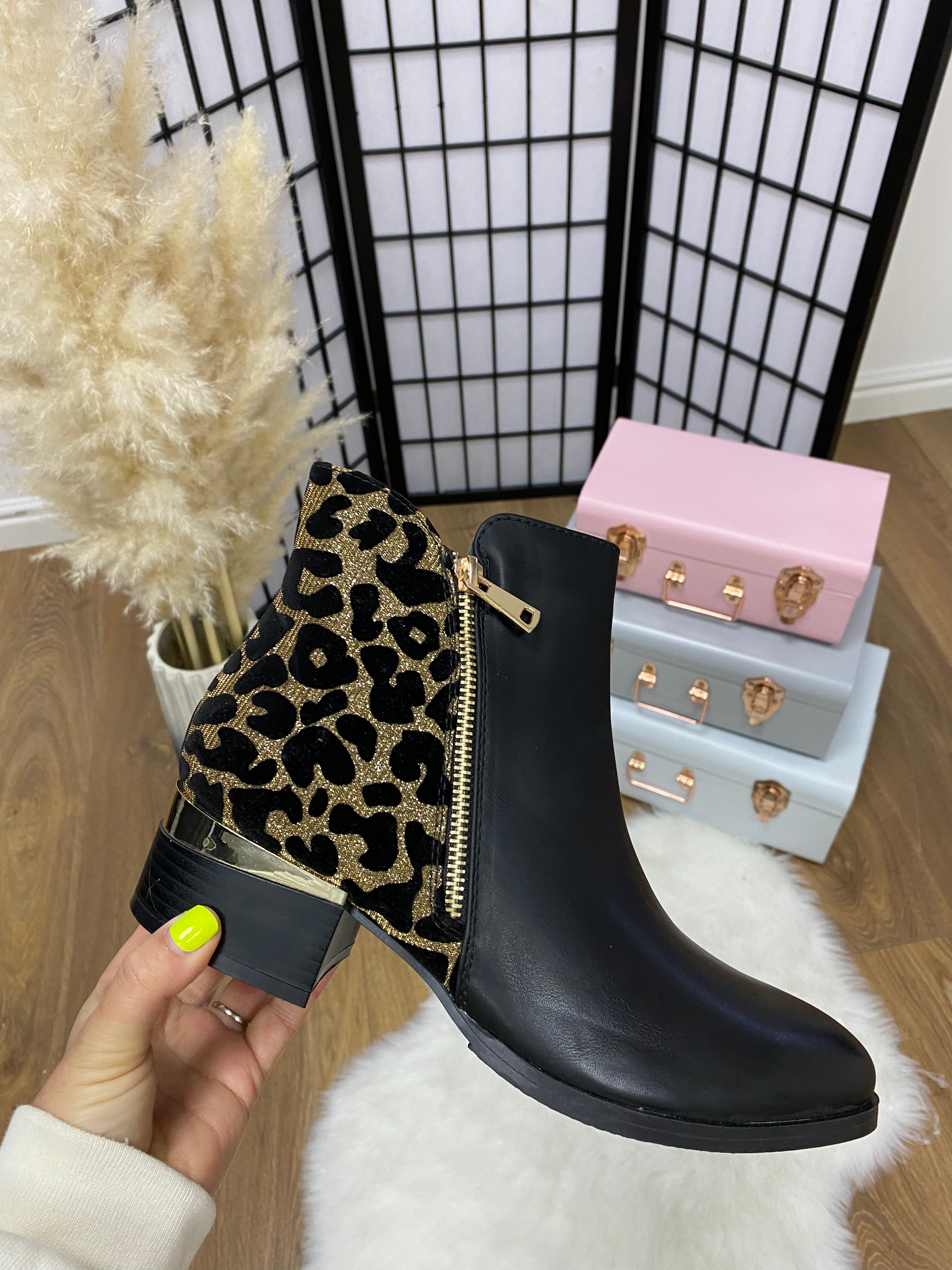 Lucent Black Faux Leather Gold Leopard Ankle Boots