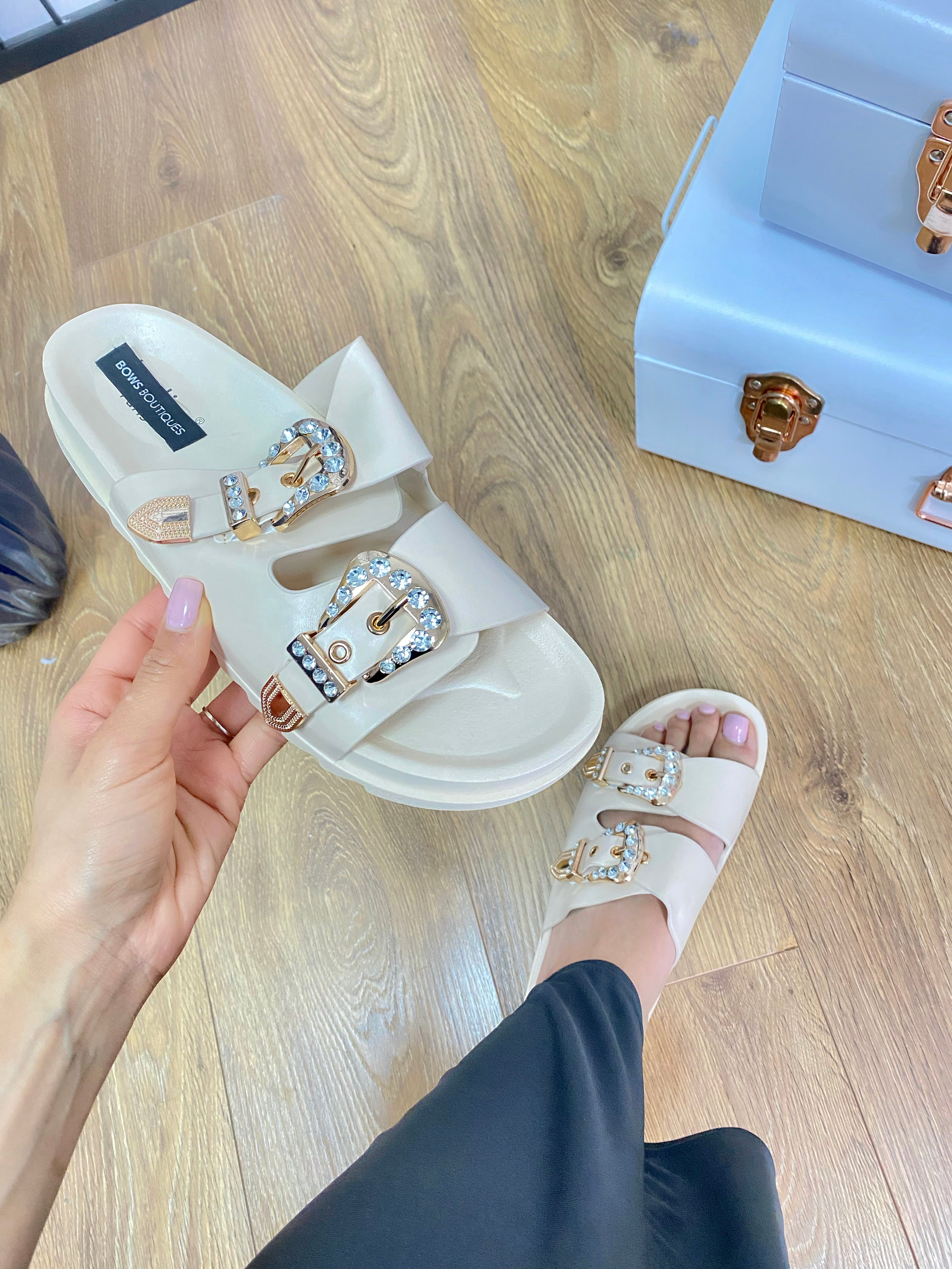 Sangria Gem Double Buckle Sliders