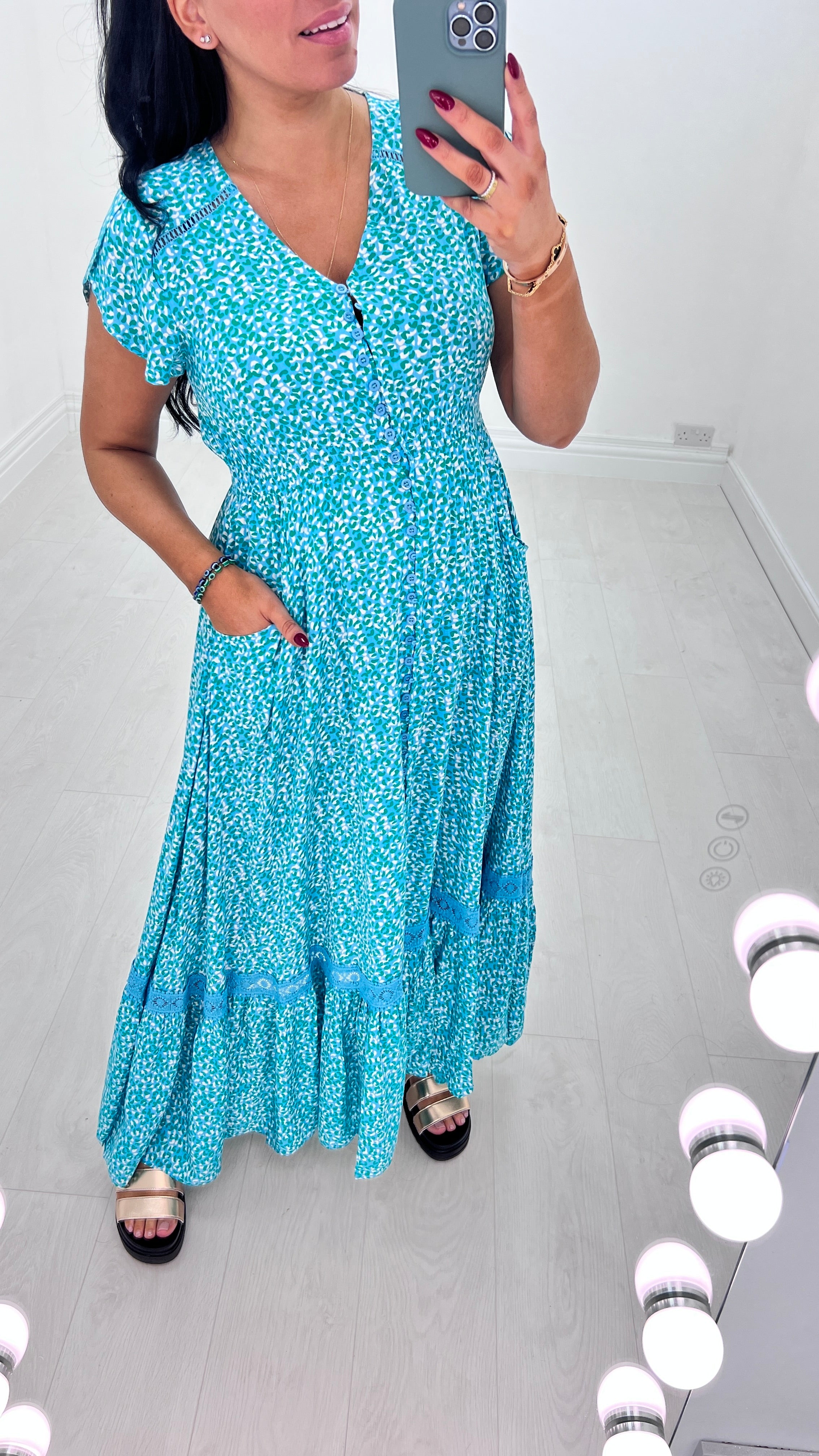 Lavin Aqua Cheetah Print Frill Sleeve Maxi Dress