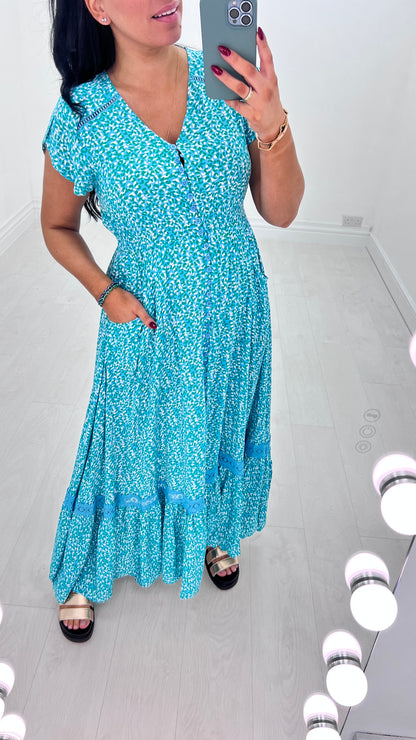 Lavin Aqua Cheetah Print Frill Sleeve Maxi Dress