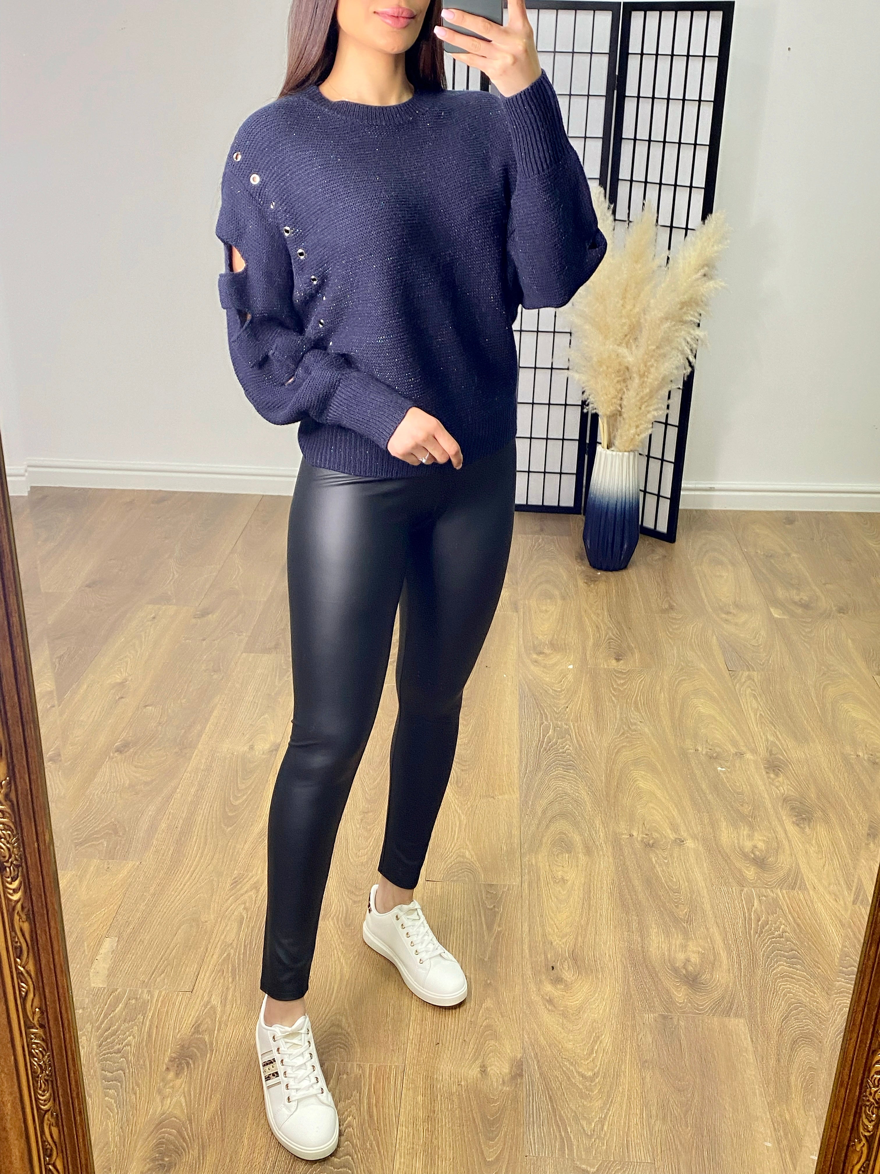 Berty Navy Glitter Cut Out Arm Knitted Jumper
