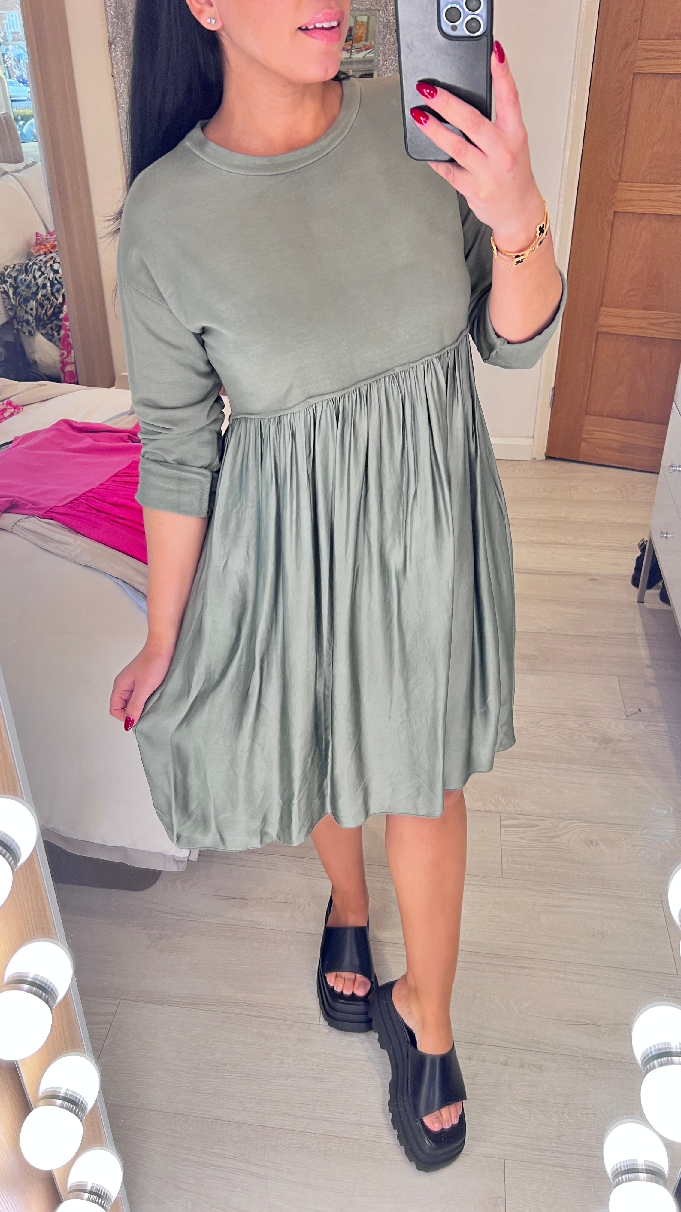 Wanda Duo Fabric Satin Hem Sweatshirt Dress