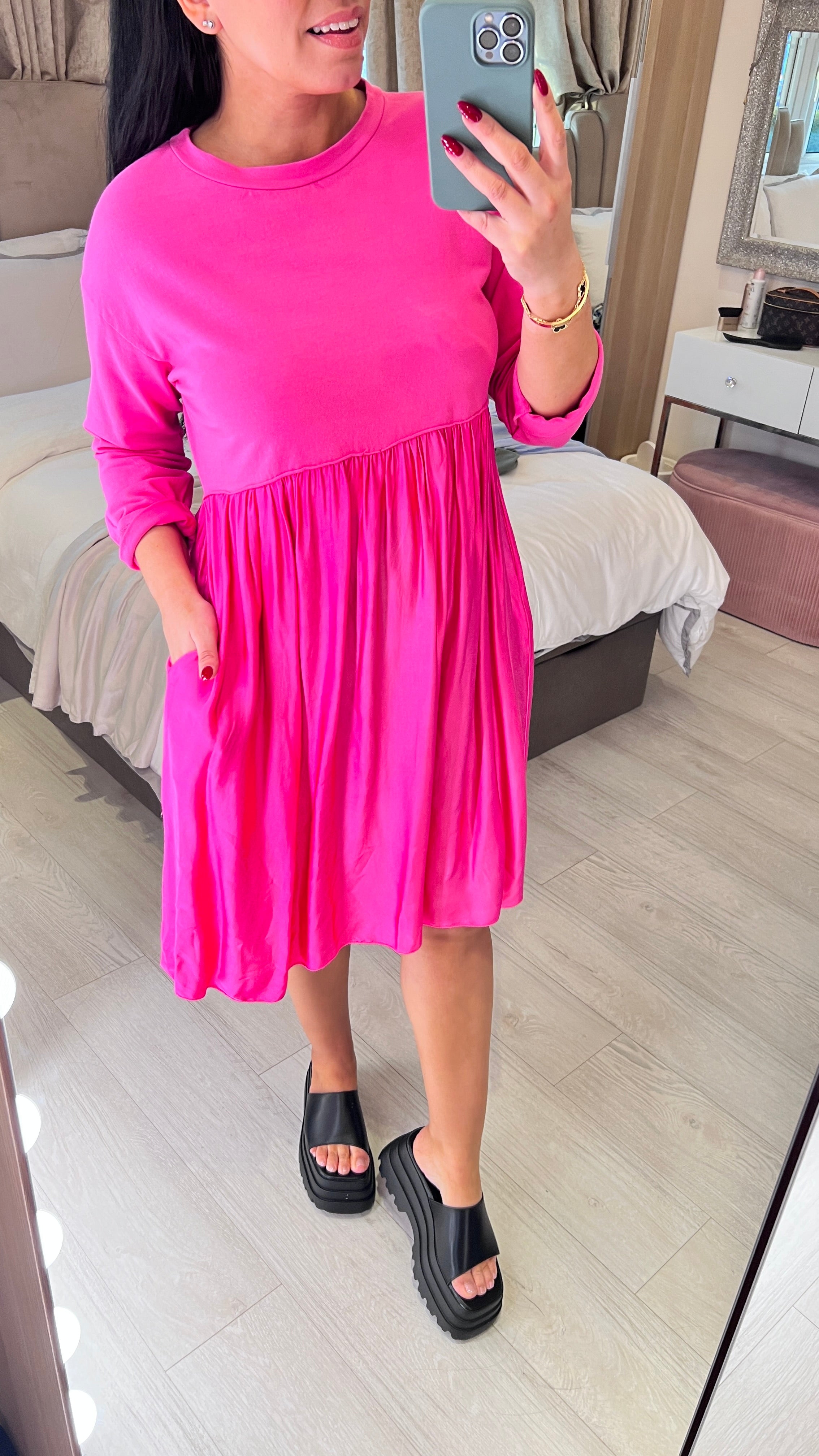 Wanda Duo Fabric Satin Hem Sweatshirt Dress