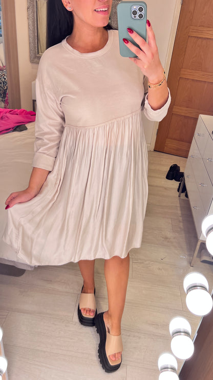Wanda Duo Fabric Satin Hem Sweatshirt Dress