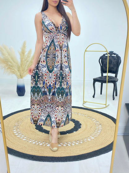 Alaska Textured Peacock Print Maxi Dress