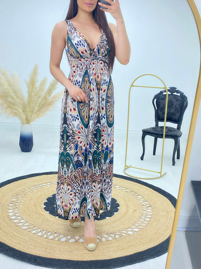 Alaska Textured Peacock Print Maxi Dress