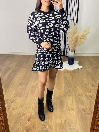 Simba Leopard Print Knitted Frill Hem Dress